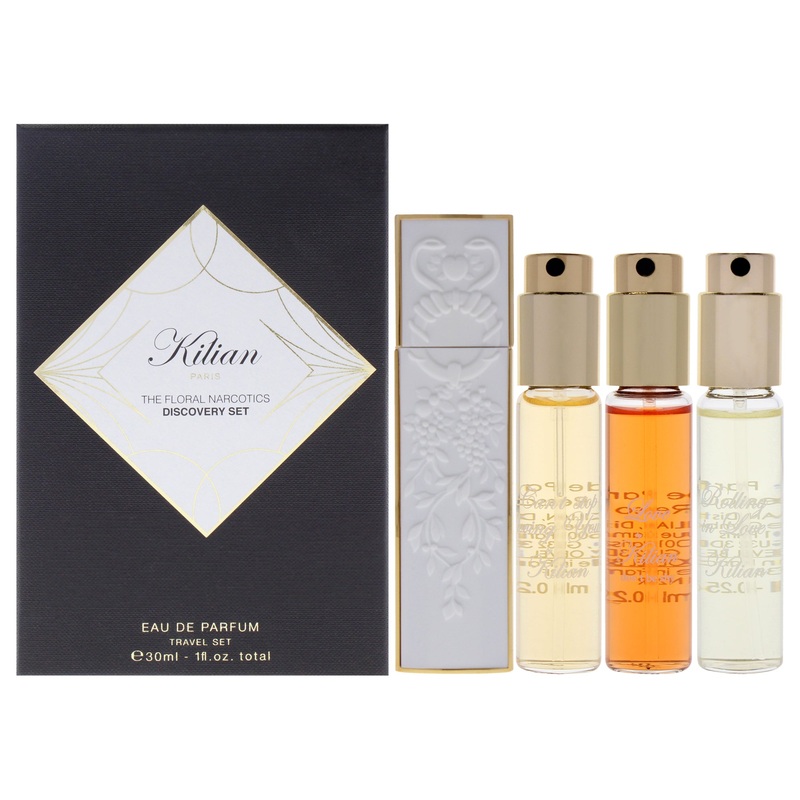 The Floral Narcotics Discovery Set by Kilian for Unisex - 5 Pc Mini Gift Set 0.25oz Love Dont Be Shy EDP Spray (Refill), 0.25oz Cant Stop Loving You EDP Spray (Refill), 0.25oz Rolling in Love EDP Spray (Refill), 0.25oz Good Girl Gone Bad EDP Spray (Refil