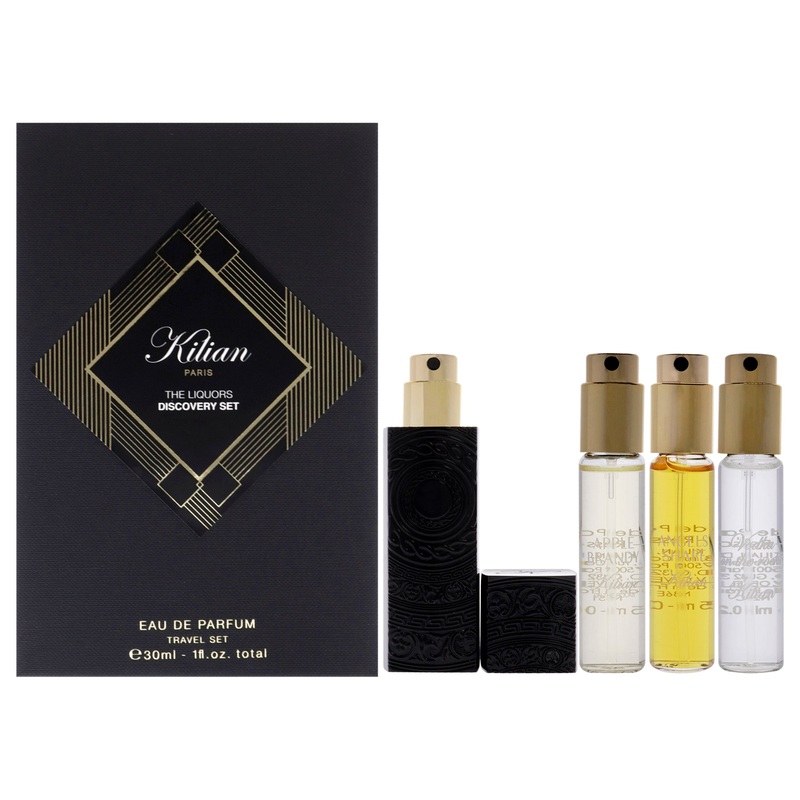 The Liquors Discovery Set by Kilian for Women - 5 Pc Mini Gift Set 0.25oz Roses on Ice EDP Spray (Refill), 0.25oz Apple Brandy on the Rocks EDP Spray (Refill), 0.25oz Angels Share EDP Spray (Refill), 0.25oz Vodka on the Rock EDP Spray (Refill), Travel Sp