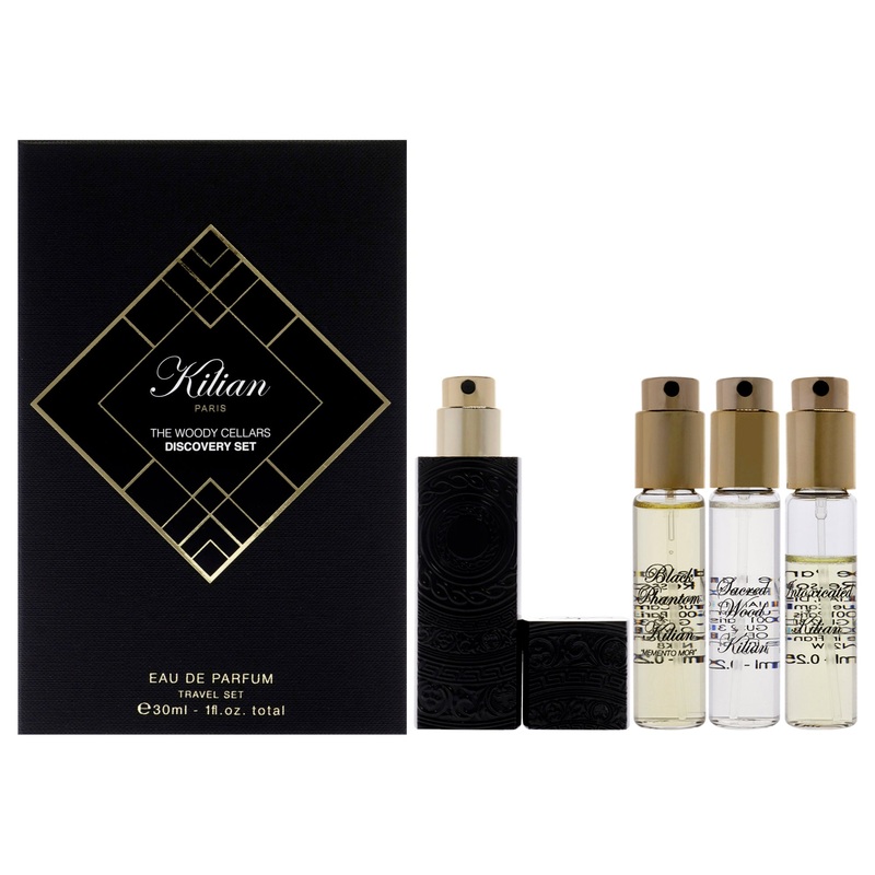 The Woody Cellars Discovery Set by Kilian for Unisex - 5 Pc Mini Gift Set 0.25oz Straight to Heaven EDP Spray (Refill), 0.25oz Memento Mori EDP Spray (Refill), 0.25oz Sacred Wood EDP Spray (Refill), 0.25oz Intoxicanted EDP Spray (Refill), Travel Spray