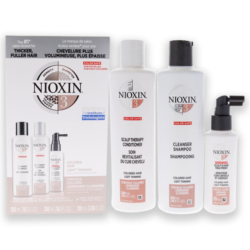 System 3 Kit by Nioxin for Unisex - 3 Pc 10.1oz Color Safe Cleanser Shampoo, 10.1 oz Color Safe Scalp Therapy Conditioner, 3.38oz Color Safe Scalp and Hair Treatment