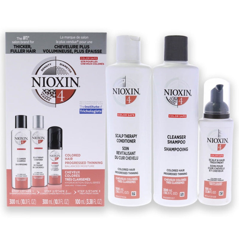 System 4 Kit by Nioxin for Unisex - 3 Pc 10.1oz Color Safe Cleanser Shampoo, 10.1 oz Color Safe Scalp Therapy Conditioner, 1Liter Color Safe Scalp and Hair Treatment