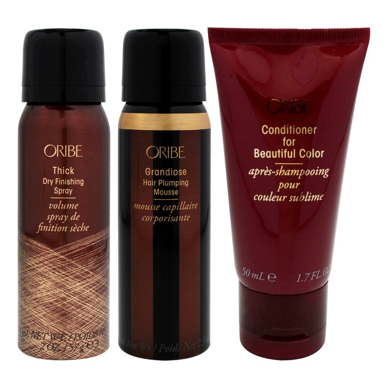 Thick Dry Finishing Purse Spray with Grandiose Hair Plumping Mousse and Conditioner for Beautiful Color Kit by Oribe for Unisex - 3 Pc Kit 2oz Hairspray, 2.5oz Mousse, 1.7oz Conditioner
