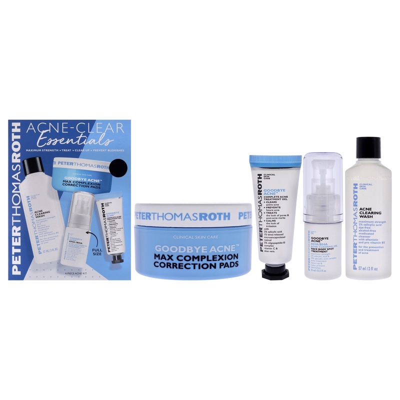 Acne-Clear Essentials Kit by Peter Thomas Roth for Unisex - 4 Pc 2oz Acne Clearing Wash, 0.25oz Goodbye Acne Complete Acne Treatment Gel, 20 Pads Goodbye Acne Max Complexion Correction Pads, 0.5oz Goodbye Acne AHA-BHA Acne Clearing Gel Face and Body Spot