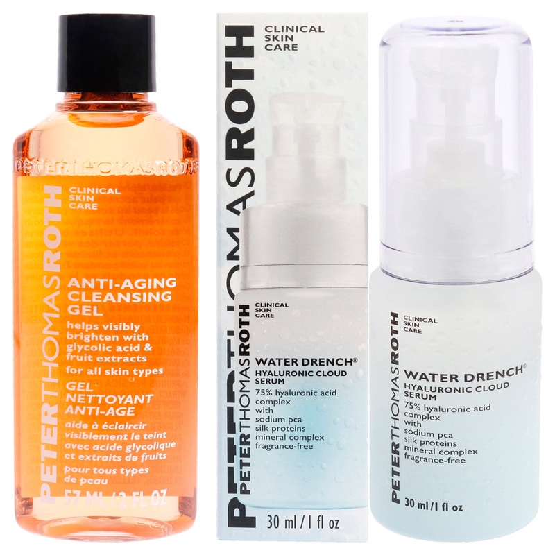 Water Drench Hyaluronic Cloud Serum and Anti-Aging Cleansing Gel Kit by Peter Thomas Roth for Unisex - 2 Pc Kit 1oz Serum, 5 Pc 0.47oz Blue Marine Algae Intense Hydrating Mask, 0.47oz Pumpkin Enzyme Mask Enzymatic Dermal Resurfacer, 0.47oz Irish Moor Mud