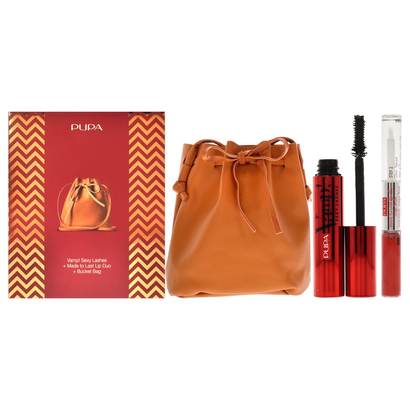 Vamp! Sexy Lashes and Made to Last Lip Set by Pupa Milano for Women - 3 Pc 0.40oz Vamp! Sexy Lashes Mascara - 011 Black, 2 x 0.13oz Made to Last Lip Duo - 018, Bucket Bag