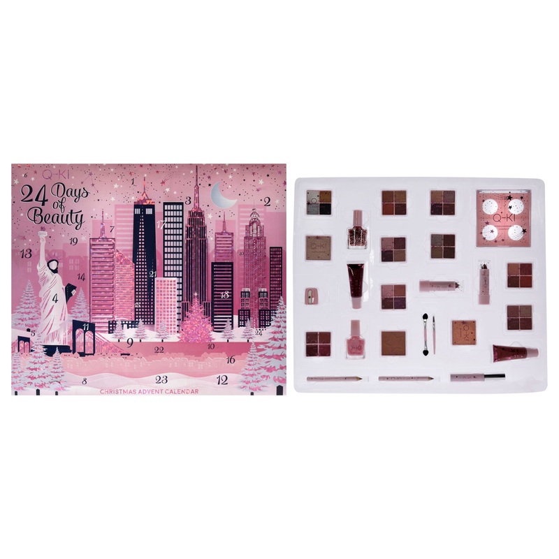 24 Days Of Beauty New York Advent Calendar Set by Q-KI for Women - 26 Pc 8 x 0.15oz Eye Shadow, 0.14oz Blusher, 0.17oz Mascara, 2 x 0.03oz Lip Liner, 0.27oz Glitter Nail Polish - 14, 0.27oz Nail Polish - 1, 0.14oz Bronzer, 0.14oz Highlighter, 0.08oz Lip