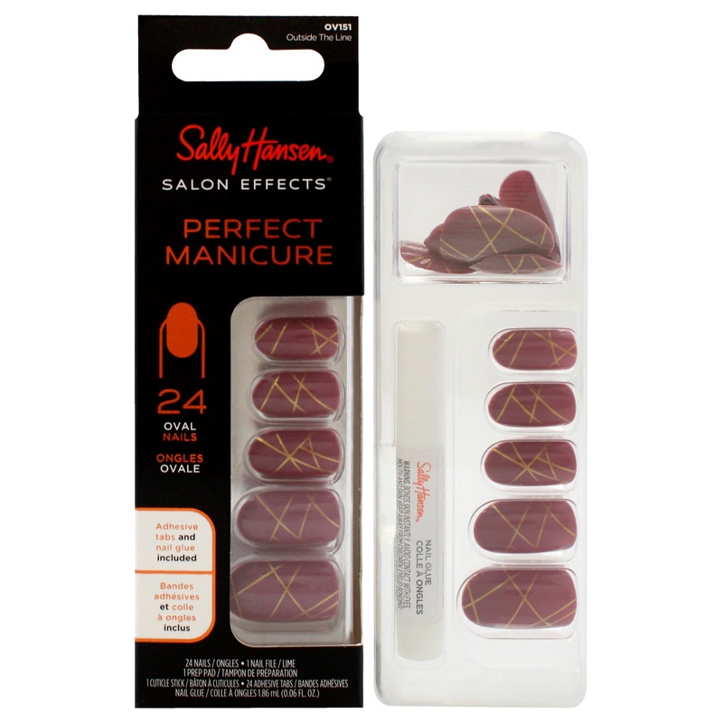 Salon Effects Perfect Manicure Oval Nails - OV151 Outside The Line by Sally Hansen for Women - 52 Pc 24 Nails, 24 Adhesive Tabs, Nail File, Pre Pad, Cuticle Stick, 0.06oz Nail Glue