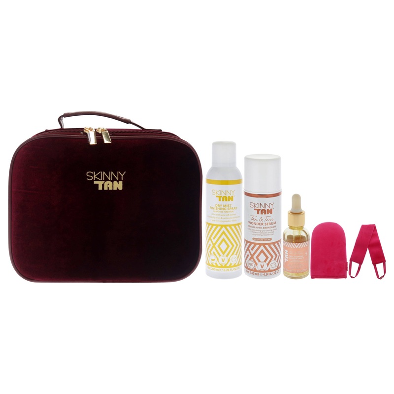 Wonder Tanning Collection Set by Skinny Tan for Women - 5 Pc Gift Set 5oz Skinny Tan Wonder Serum, 1oz Skinny Tan Wonder Serum Face Tanning Drops, 6.7oz Skinny Tan Dry Mist Finishing Spray, Skinny Tan Back Applicator, Skinny Tan Dual Tanning Mitt