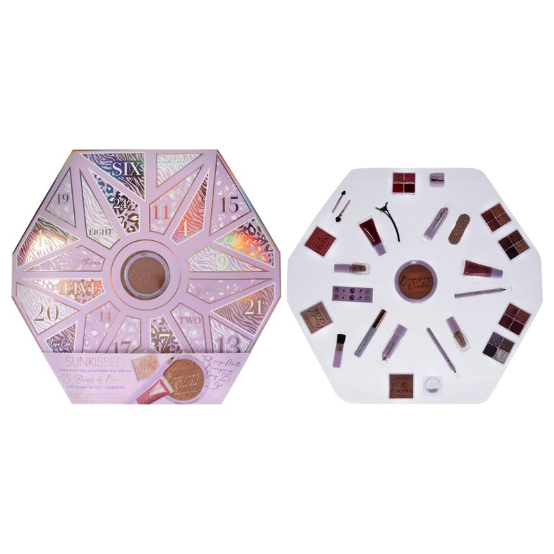 25 Days of Beauty Advent Calendar Set by Sunkissed for Women - 25 Pc 4 X 0.15oz Eyeshadow - Desert Dusk, Eyeshadow - Spotlight Glam, Eyeshadow - Sweet Berry, Eyeshadow - Warm Nudes, 0.14oz Blush - Hello Cheeky, 0.14oz Bronzer - Pretty Sunkissed, 0.39oz B